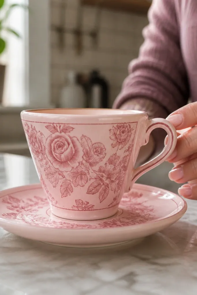 Pink vintage tea cup with a label-style border