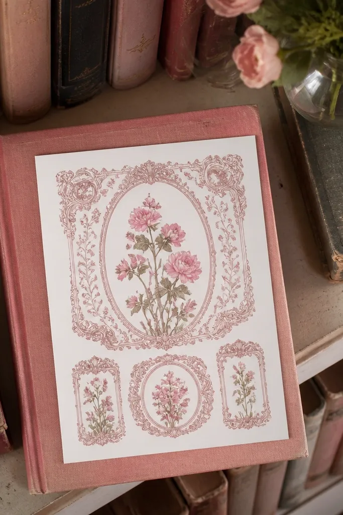 Pink botanical bookplate with an ornate frame