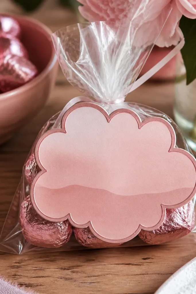 Pink cloud-shaped candy wrapper label with small text area