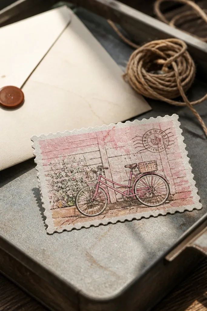 Pink vintage bicycle on a postcard-style rectangle