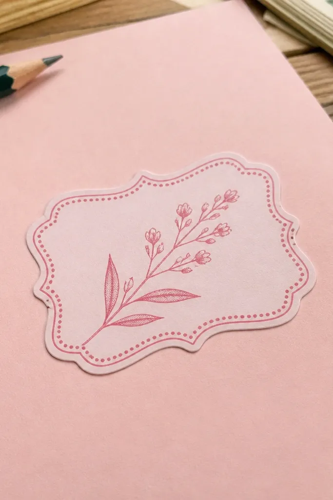 Pink botanical sprig with a dotted vintage border