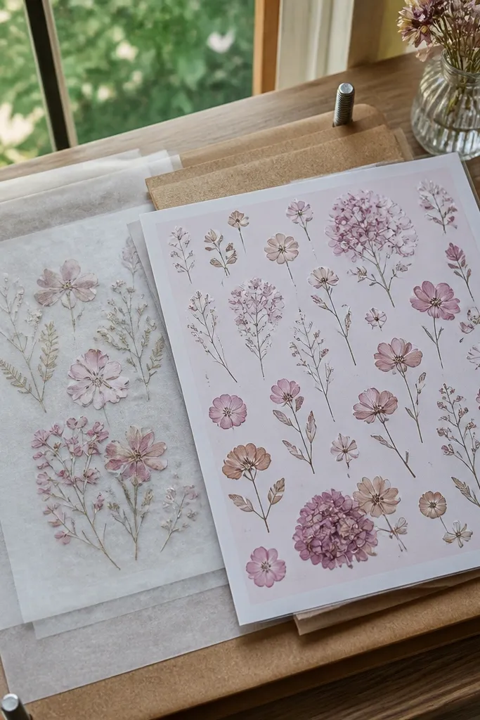 Pink flower press style sticker with botanical shapes and lines