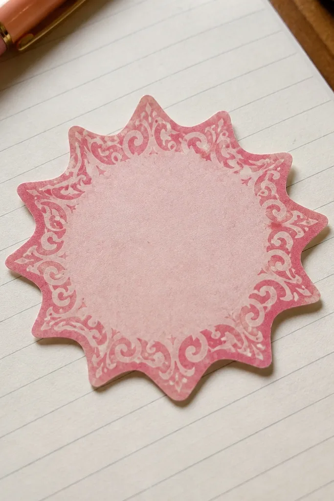 Pink starburst sticker with swirling vintage border lines
