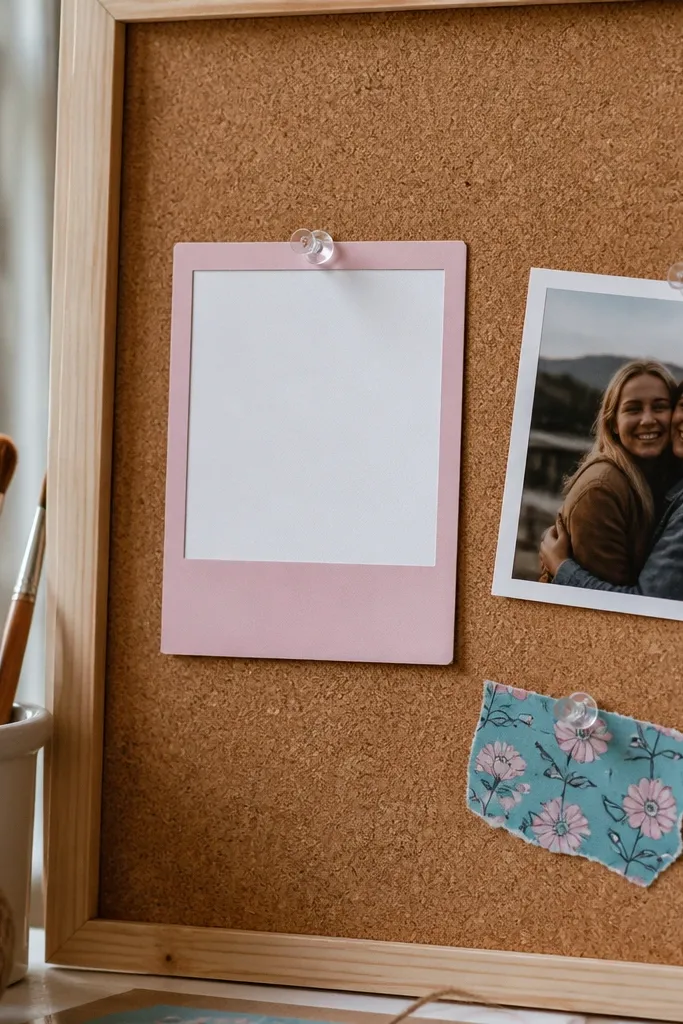 Pink polaroid-style frame with a blank center