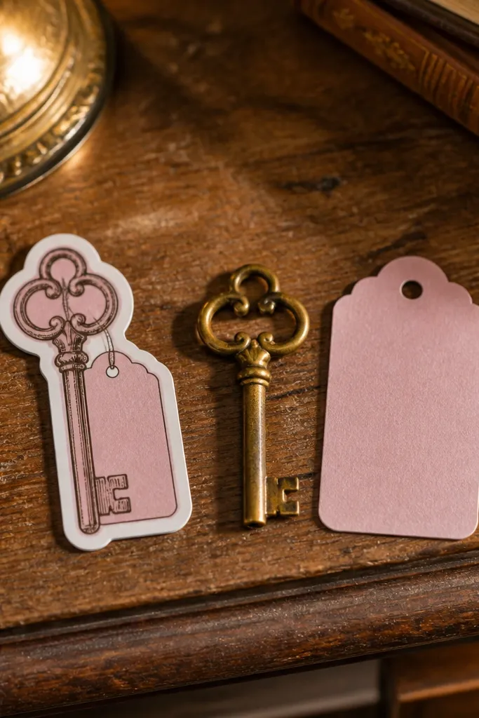 Pink antique key with a small tag shape