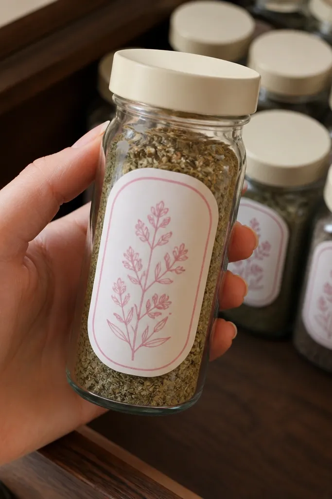Pink botanical sprig with a simple vintage label border