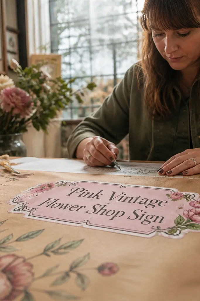 Pink vintage flower shop sign with decorative lettering