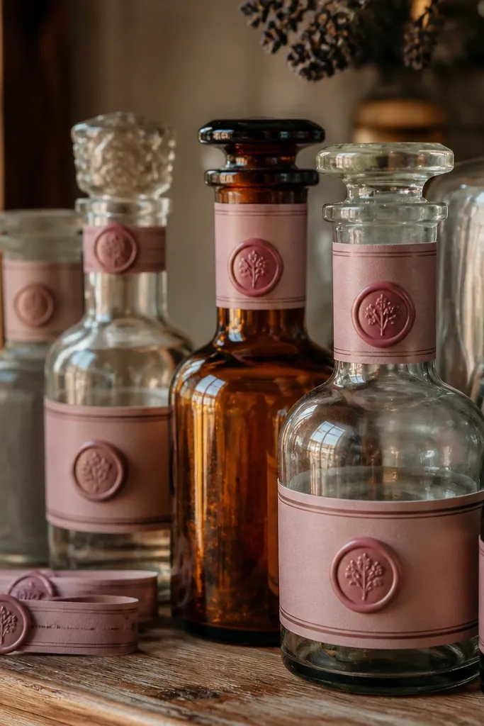 Pink apothecary bottle label set with a small wax seal sticker