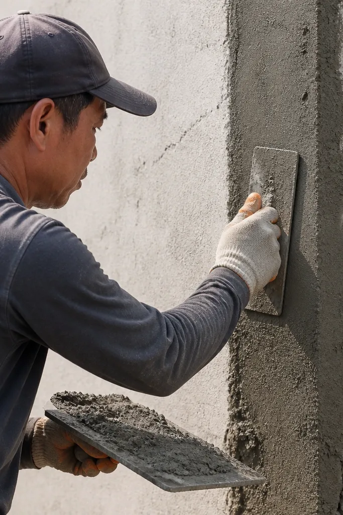 Compound wall section with rebar grid visible and later plastered smooth