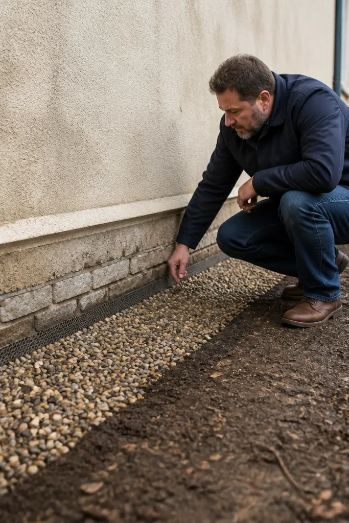 Compound wall base with gravel trench and clean weep area