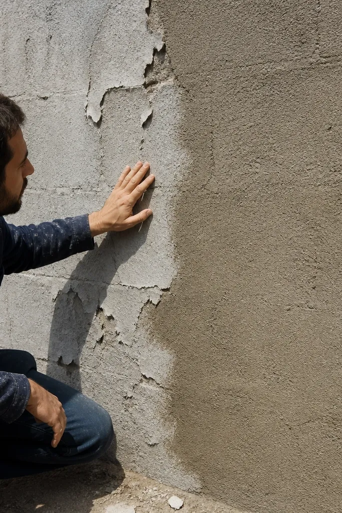 Compound wall face with even cement-sand plaster and clean edges