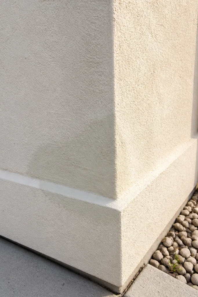 Compound wall corner with repaired concrete patch and smooth plaster edge