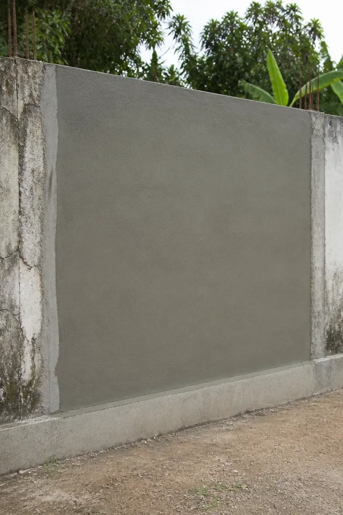 Compound wall section rebuilt with new masonry and even plaster finish