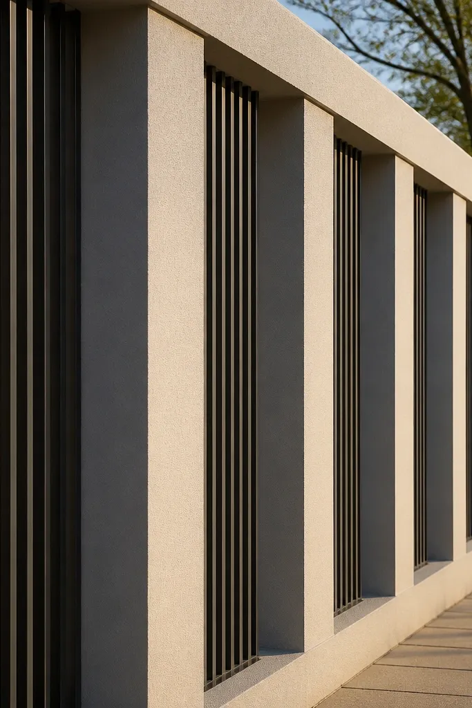 White compound wall with evenly spaced square pillars and straight top coping
