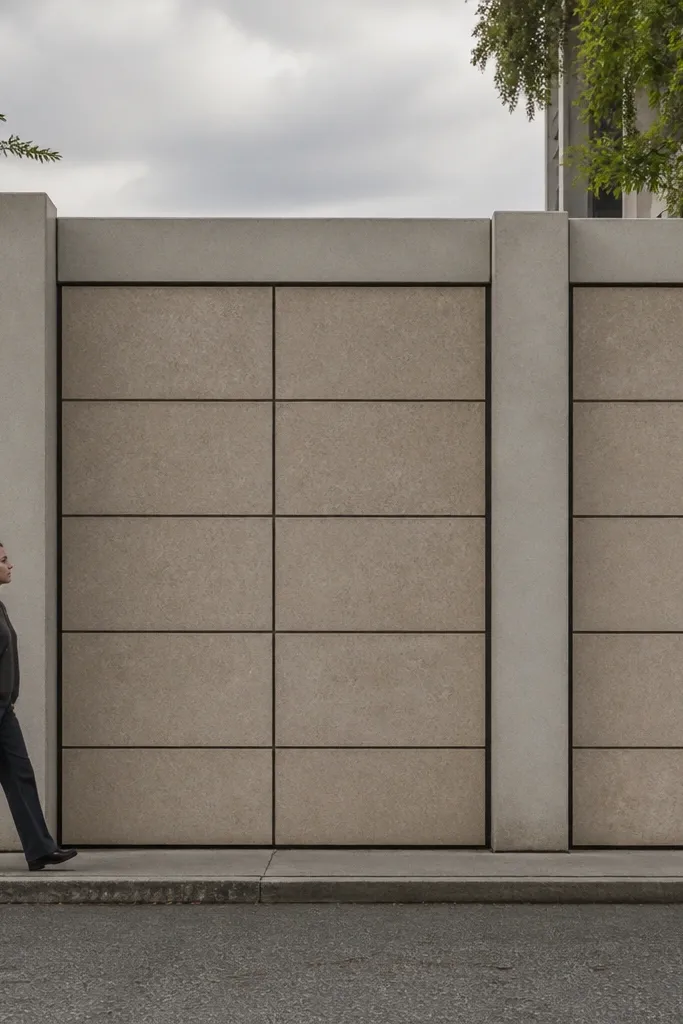 Grey stone panel sections between darker pillars on a compound wall