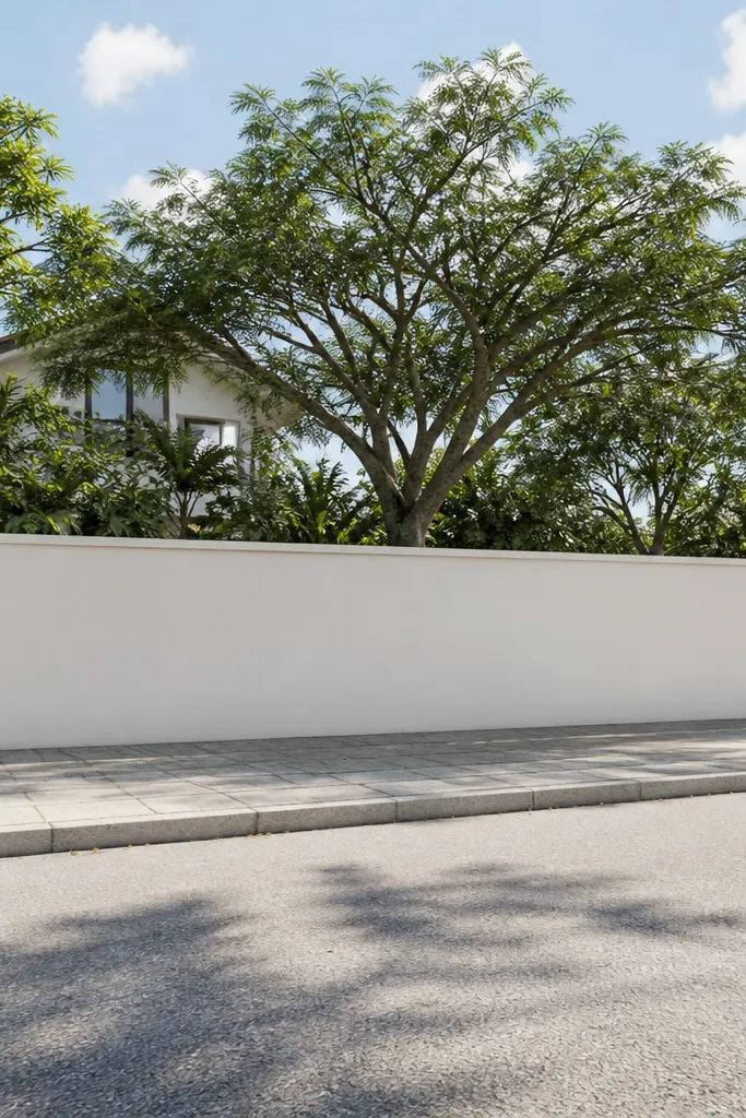 Cream wall with shorter middle panels and taller corner pillars with a simple cap