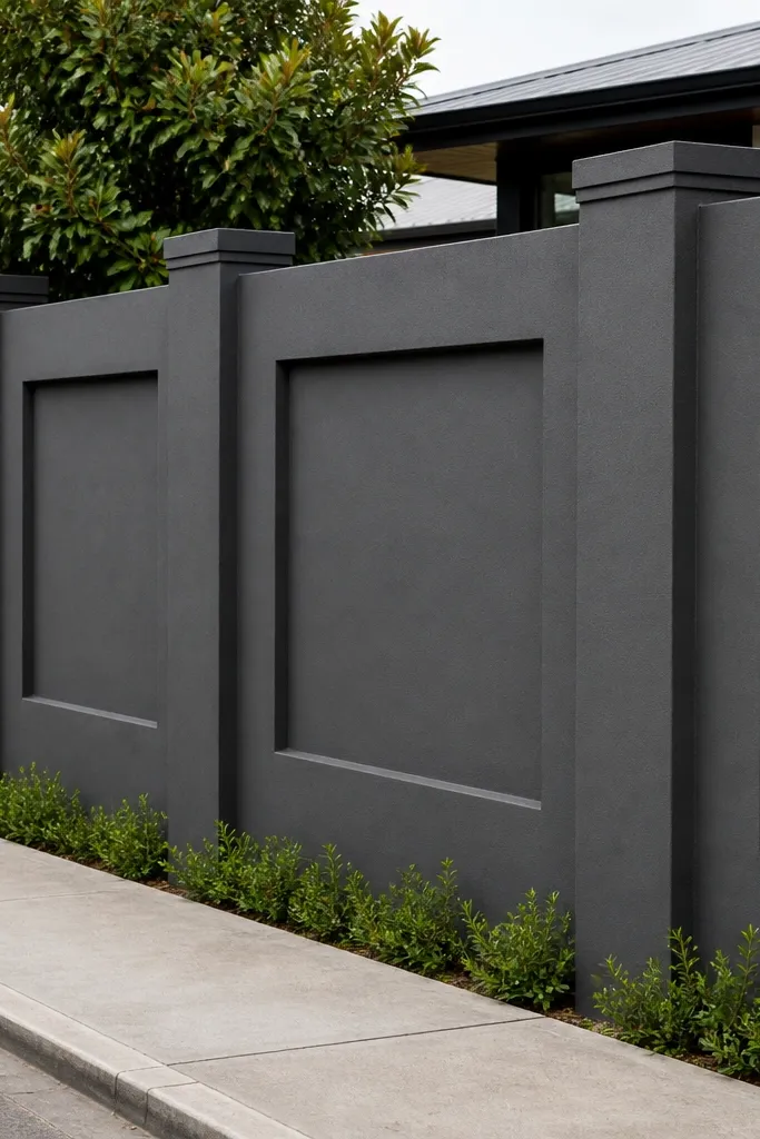 Light grey matte wall with recessed rectangular frames between pillars