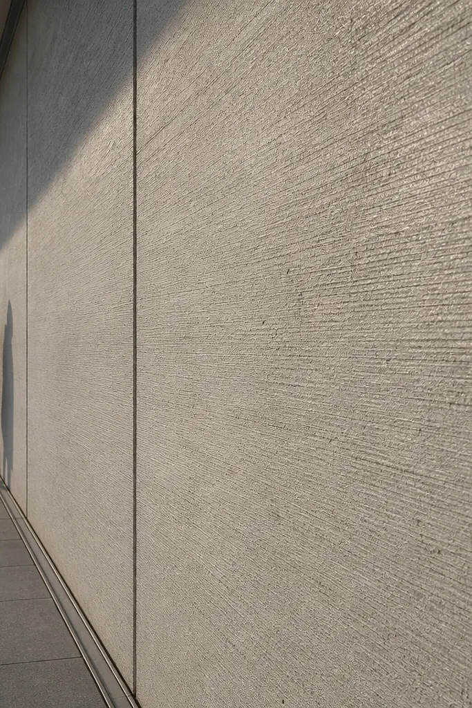 Natural grey concrete wall with textured panels and simple square pillars