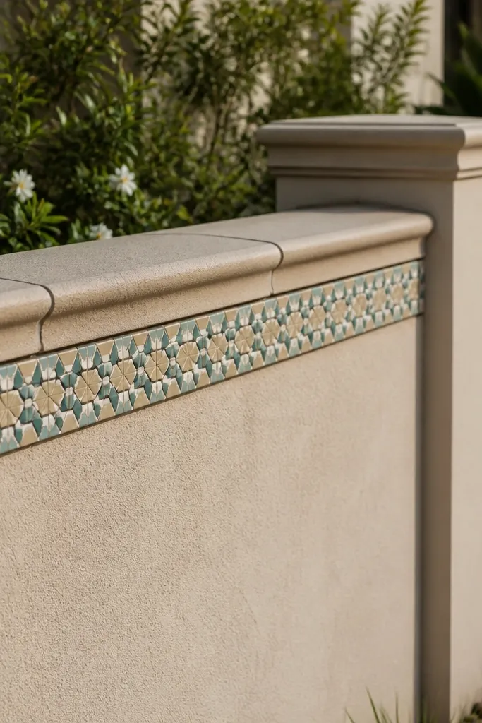 Wall with a thin mosaic tile strip near the top and a straight coping cap