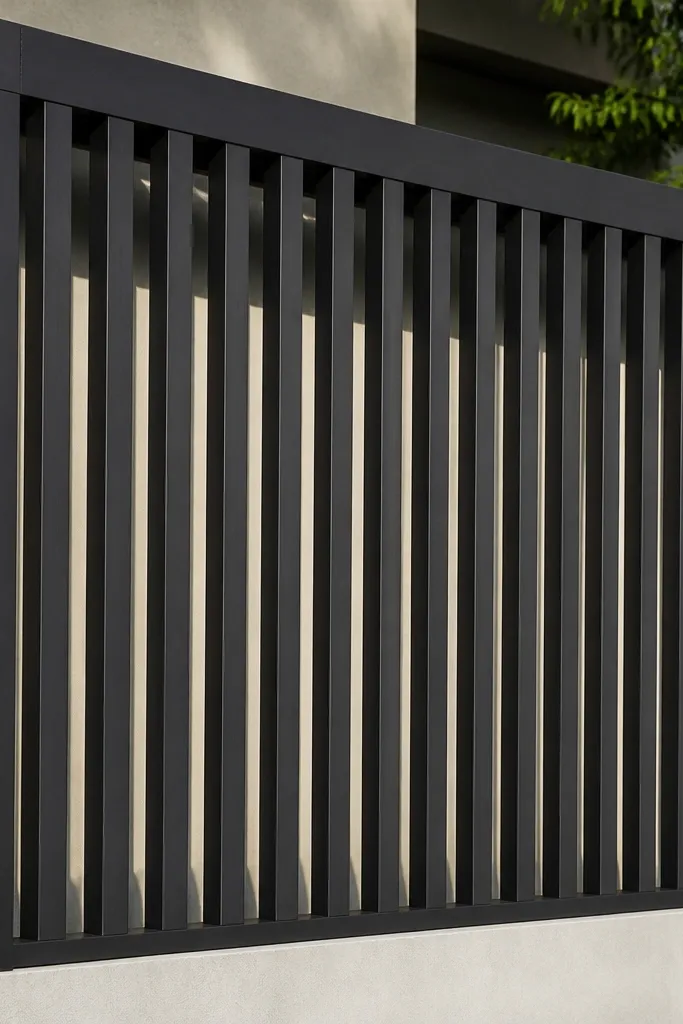 Charcoal metal vertical bars in a frame with small gaps for privacy