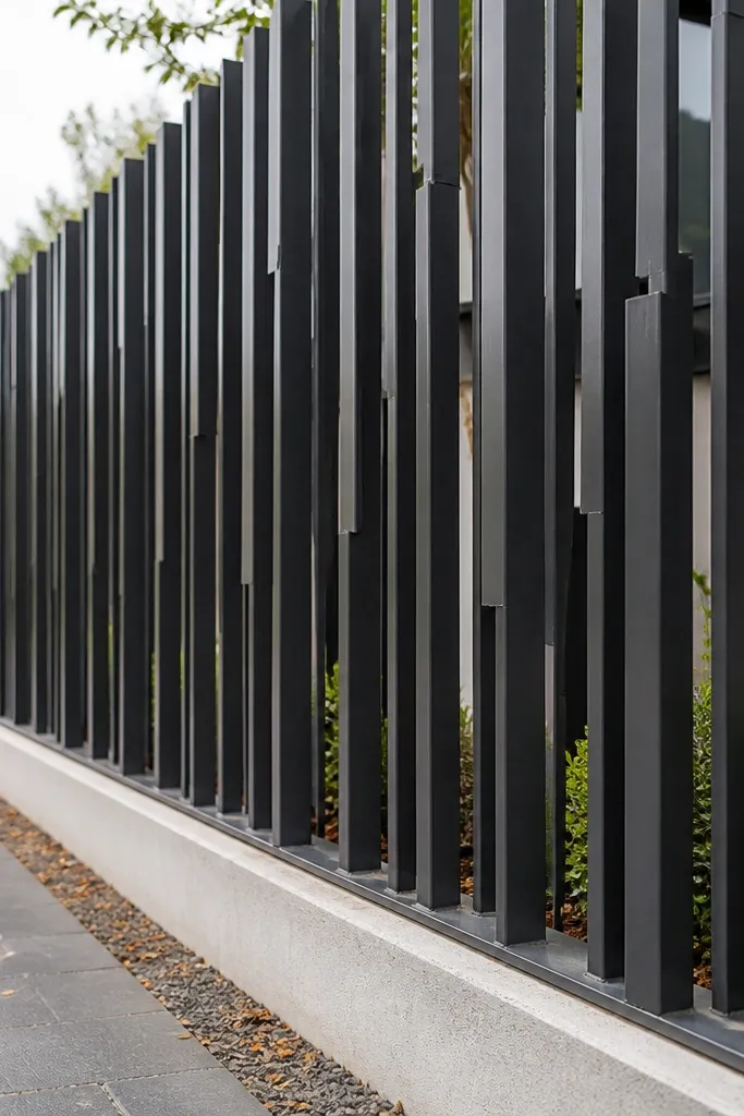 Black metal grill with vertical bars offset like a staggered lattice