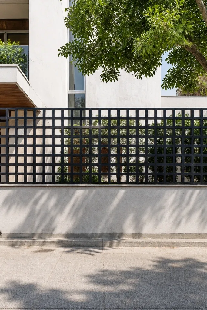 Black grill with square openings formed by metal grid lines