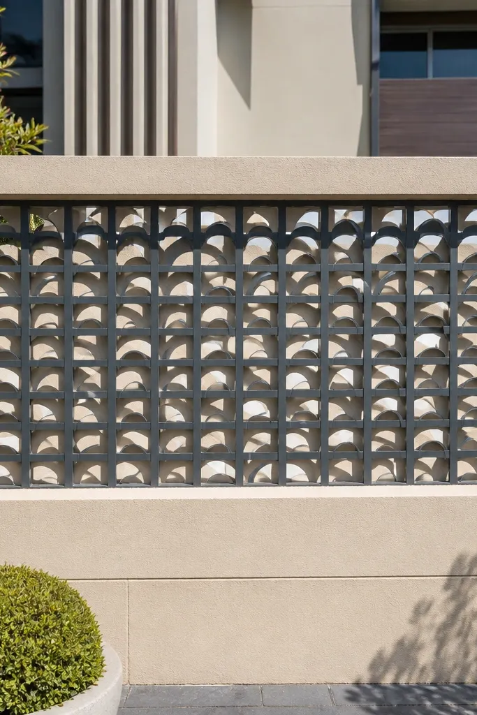 Black grill with repeated half-moon cutouts on vertical bars