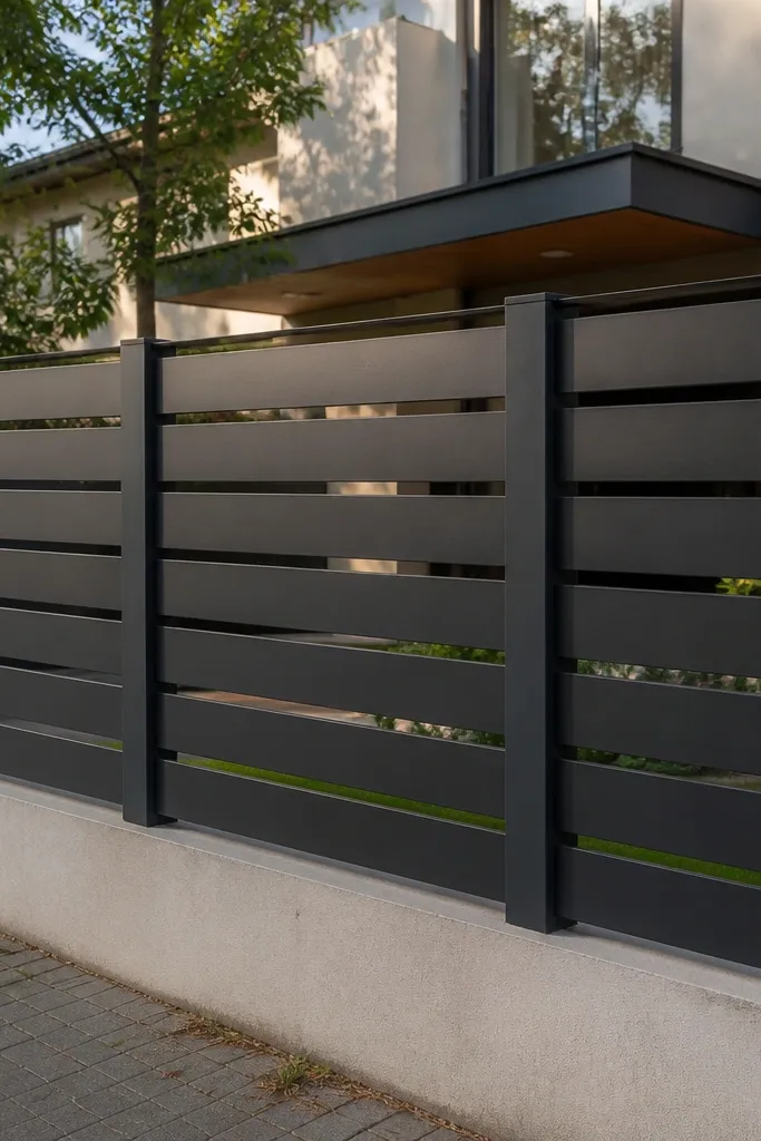 Grill with horizontal bars and narrow vertical posts creating privacy bands