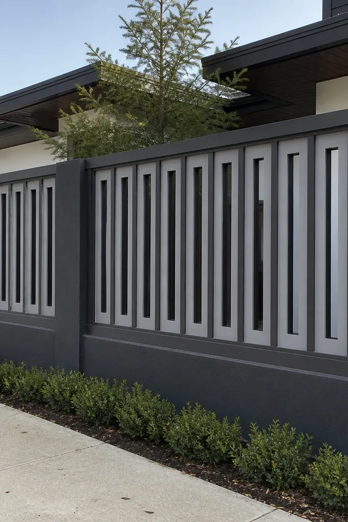 Black grill with repeating tall rectangular inset frames