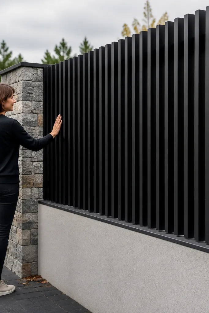 Black grill with L-shaped vertical members forming a neat privacy grid