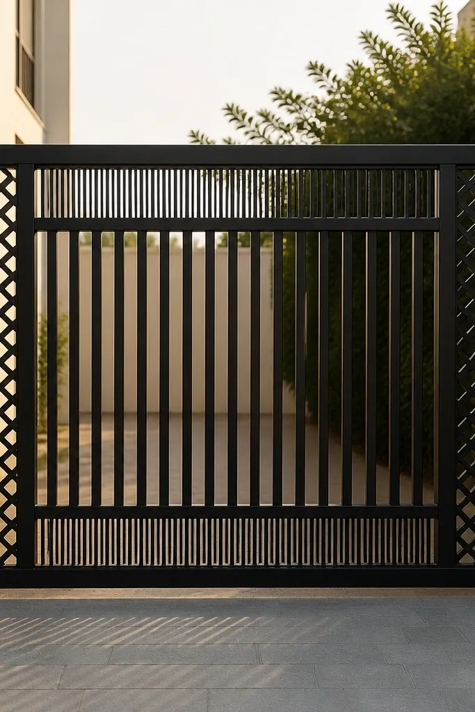 Black grill with twin horizontal rails and narrow lattice on sides