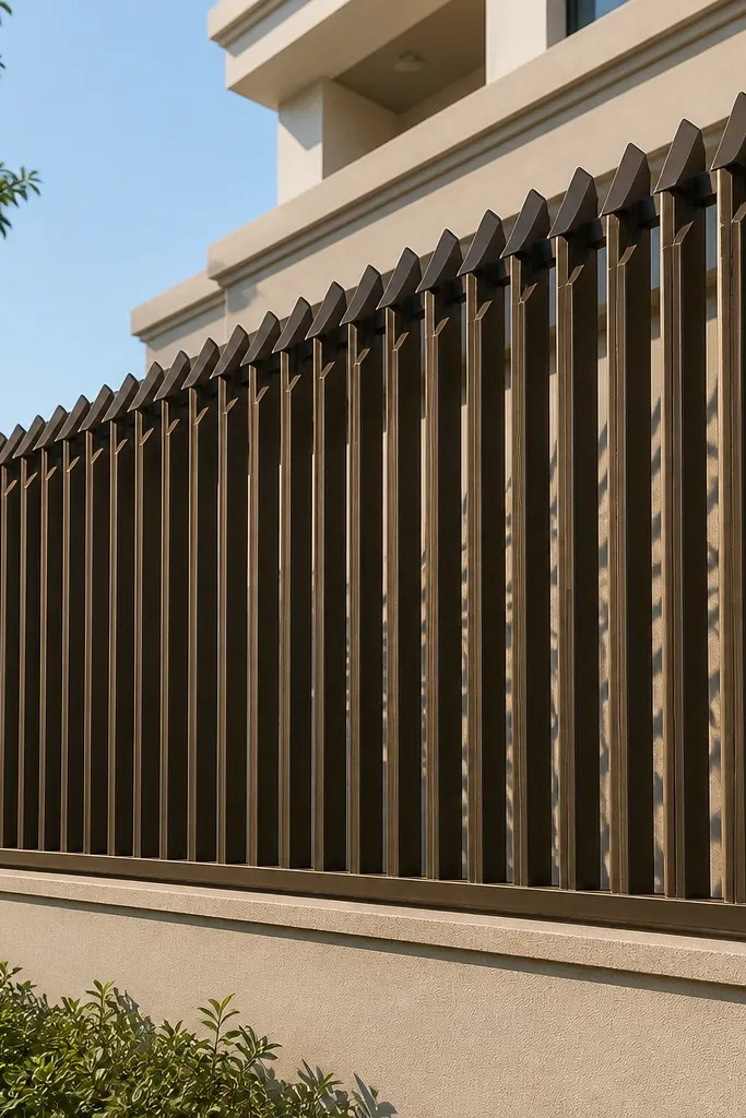 Black grill with repeated triangle spear tips along vertical bars
