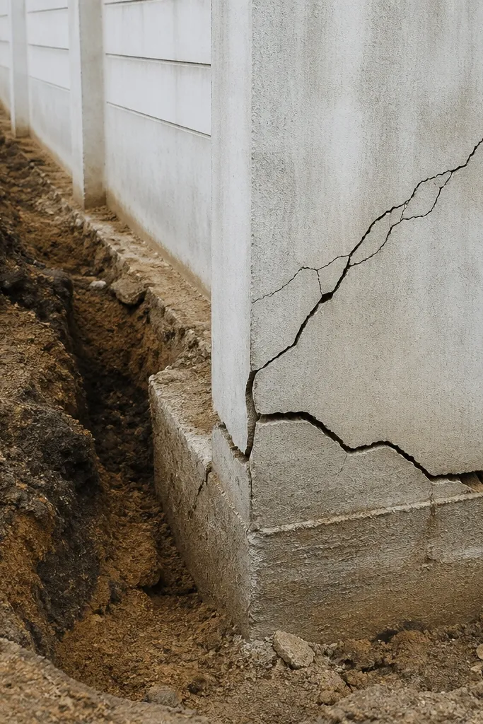 Uneven concrete footing with soil gaps and a cracked wall above