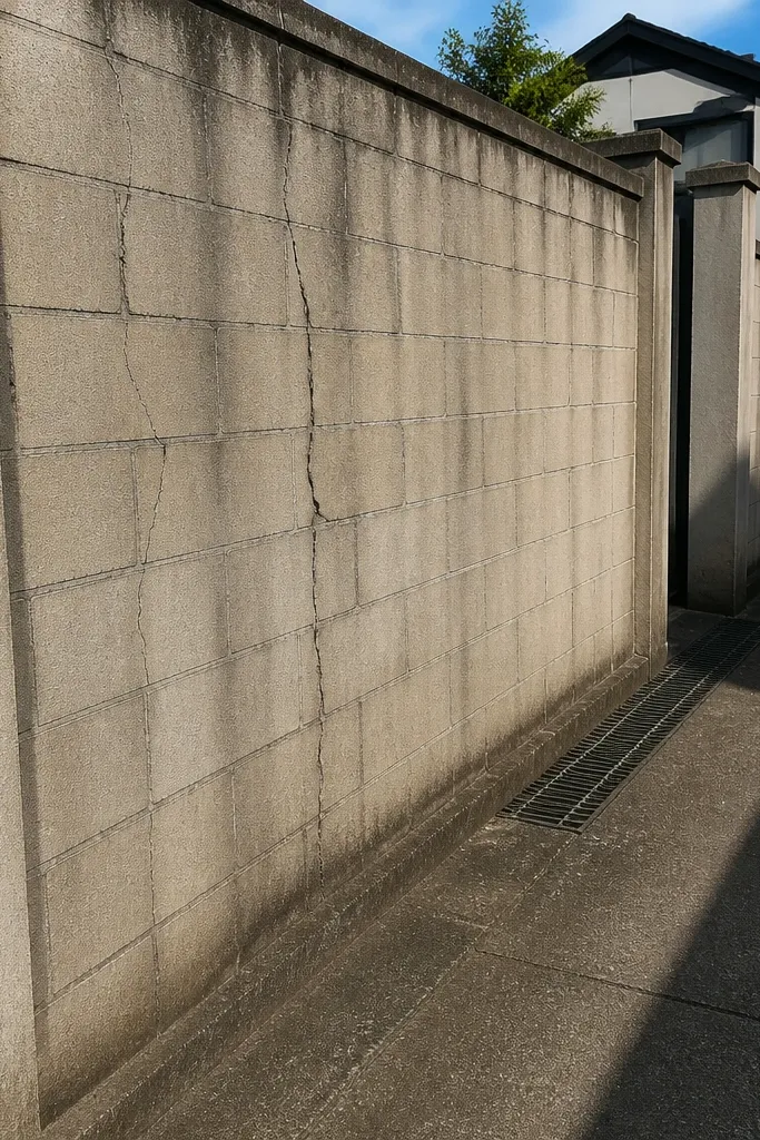 Long brick infill span between pillars with visible cracks