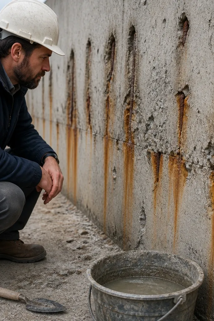 Exposed rebar near the wall surface and rust staining