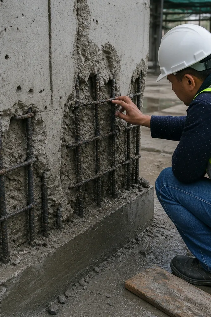 Honeycombed concrete around dense rebar in a pillar