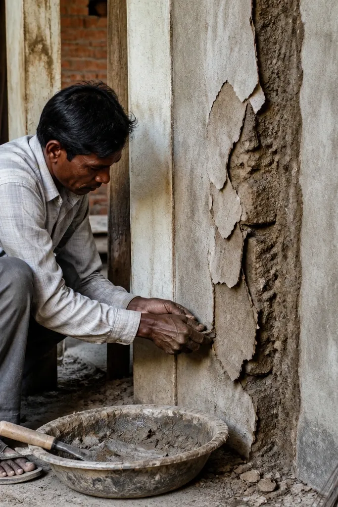 Plaster peeling at junctions where mortar and concrete meet