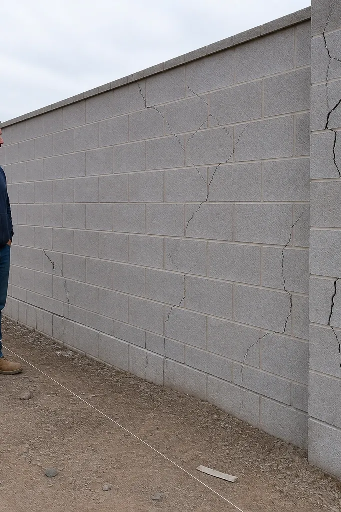 Long straight wall with multiple cracks running through plaster