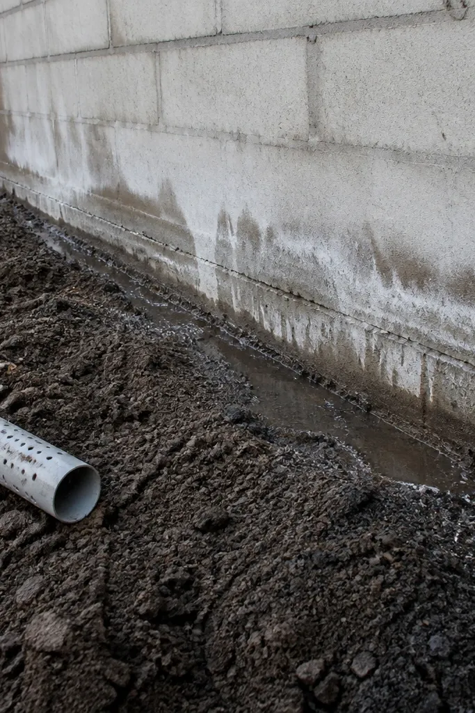 Wall base with water pooling and damp stains rising