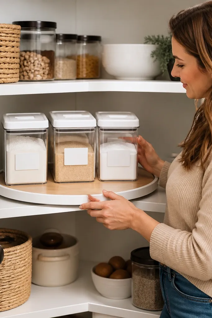Round lazy susan on a pantry shelf with labeled bins for flour and sugar
