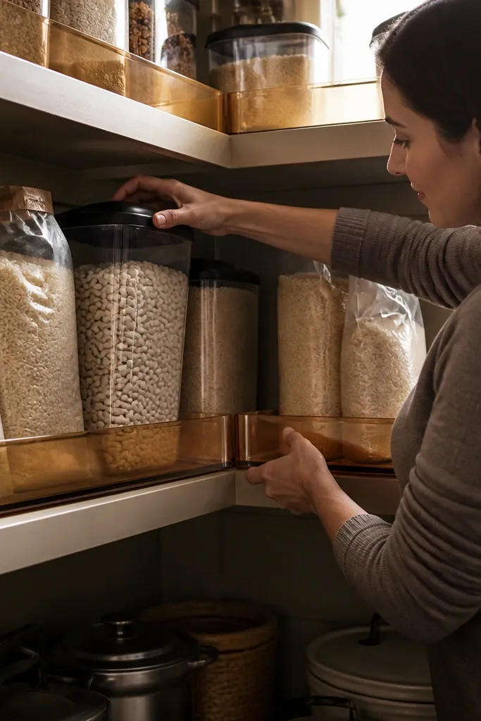 Deep plastic bins in a pantry corner with tall labeled containers inside
