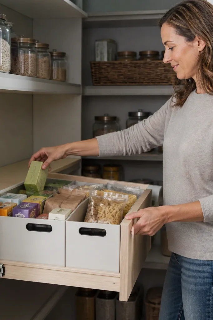 Pull-out pantry drawer with bins labeled on the front