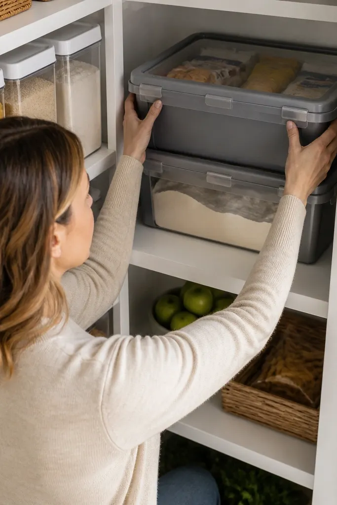 Stacked bins on a pantry shelf with lids closed and labels on front