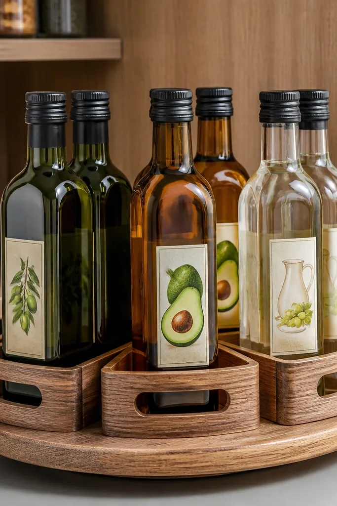 Small lazy susan on a pantry shelf with labeled oil and vinegar bottles