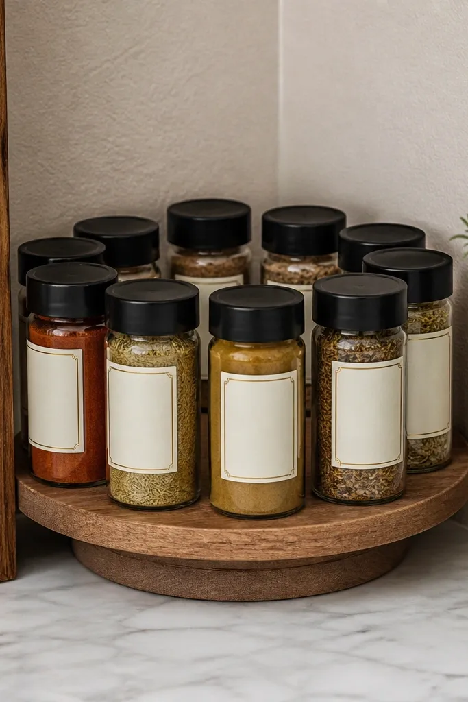 Mini lazy wheel holding spice jars with front labels on a pantry corner shelf
