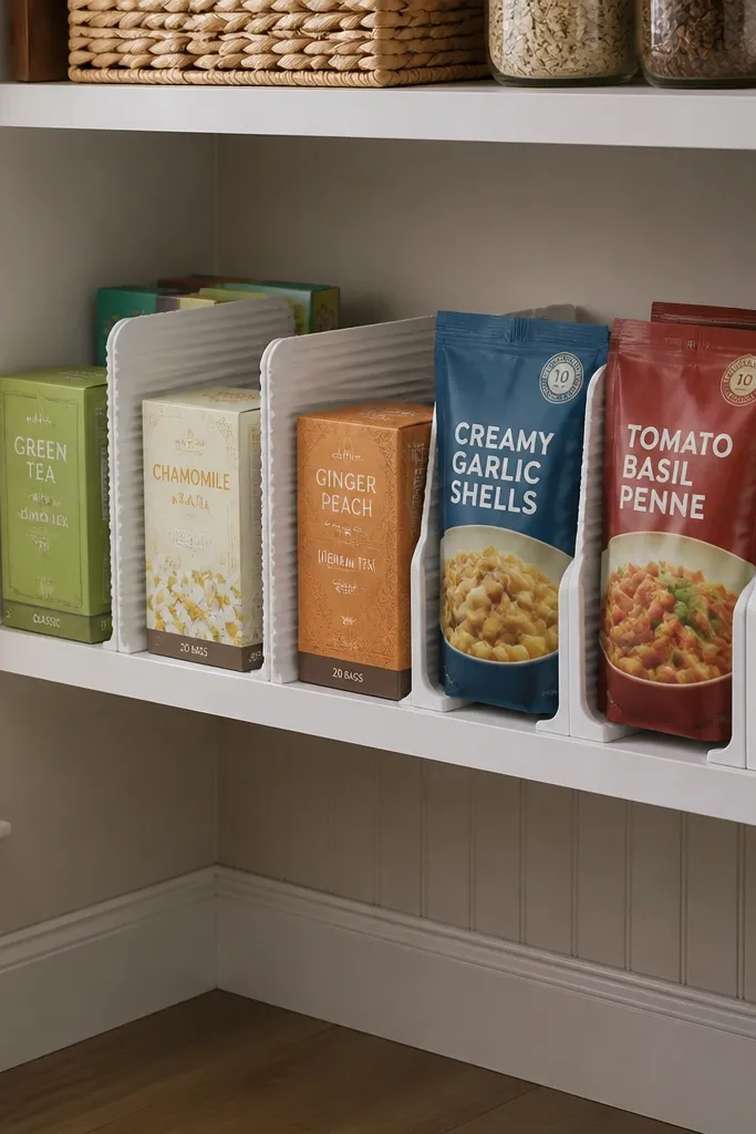 Accordion dividers inside a corner pantry shelf separating boxes and bags