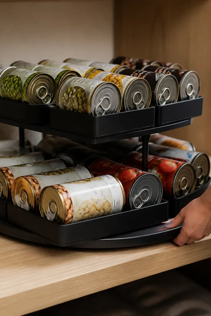 Lazy susan with flat trays holding canned goods in rows