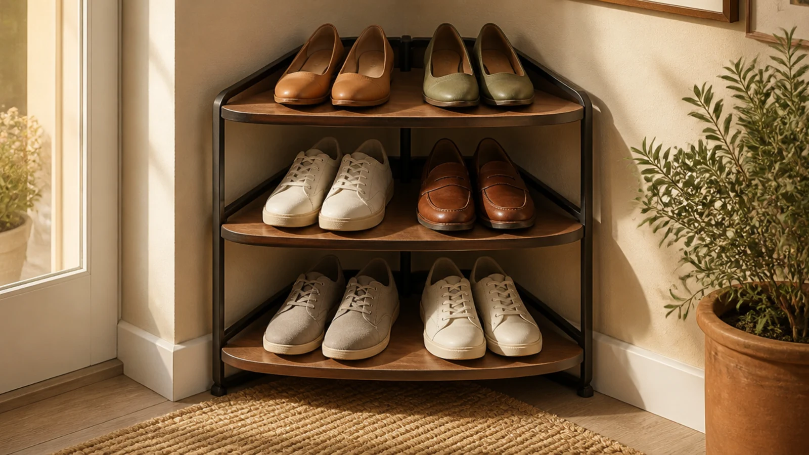 A triangular three-tier shoe rack fitted into a room corner, each angled tier holding two pairs of shoes.