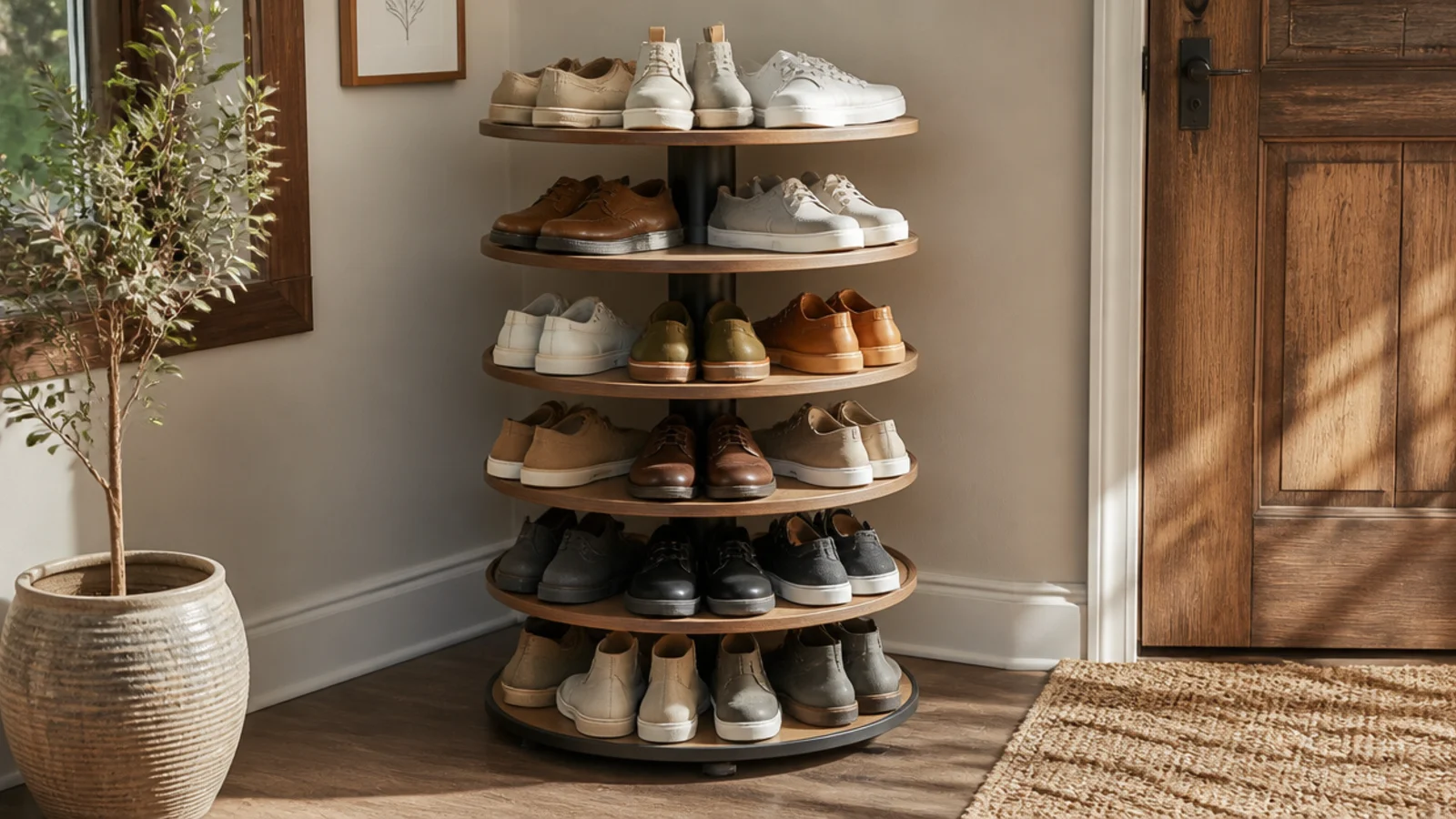 A rotating tiered shoe carousel standing in a corner, spinning tiers holding many pairs in a small footprint.