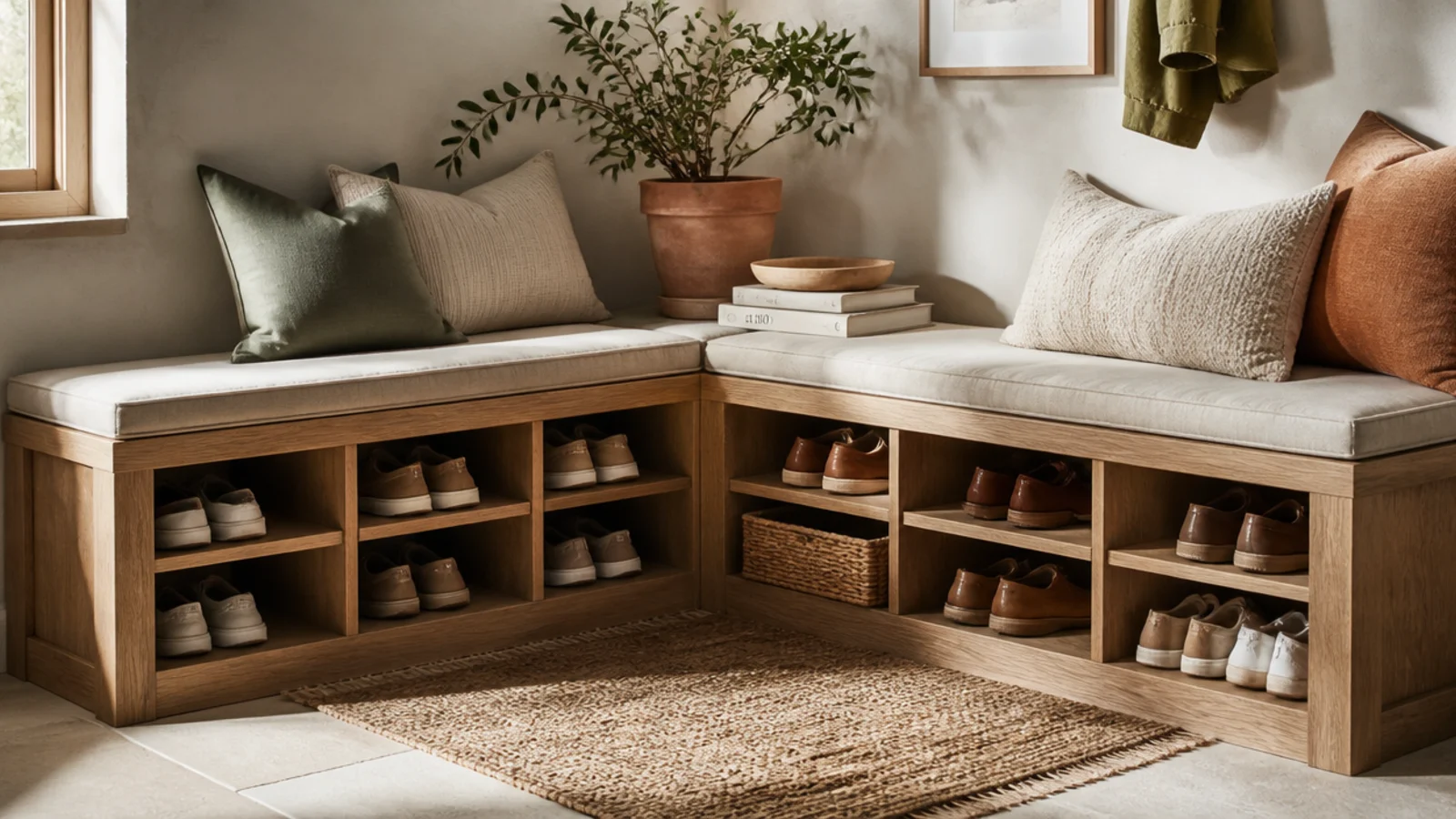 An L-shaped bench wrapping a corner with shoe cubbies under both arms and cushions along the seat.